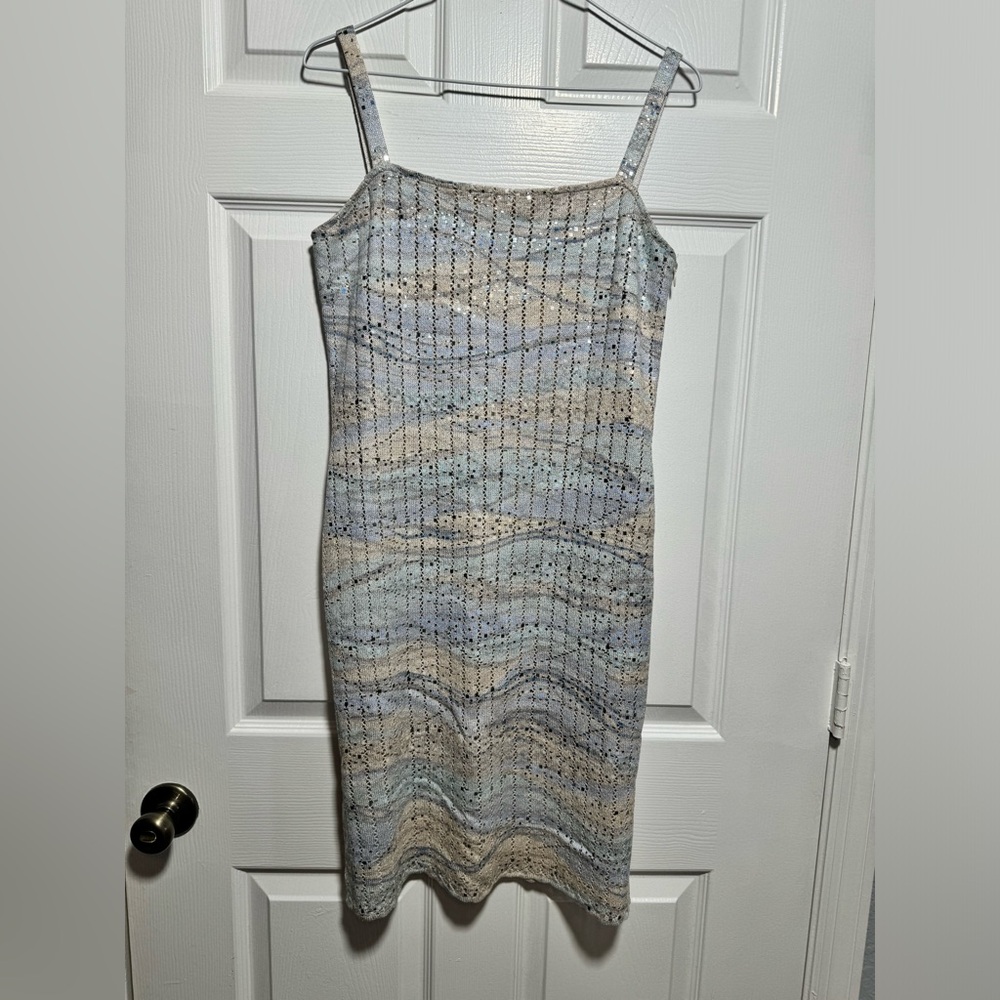 St. John Blue Sheath Dress Mock Neck Sleeveless Cocktail